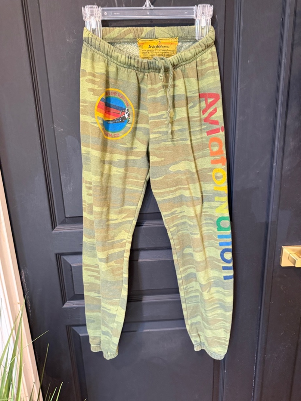 Aviator Nation women’s Small  Olive Camo Sweatpants with Rainbow Logo